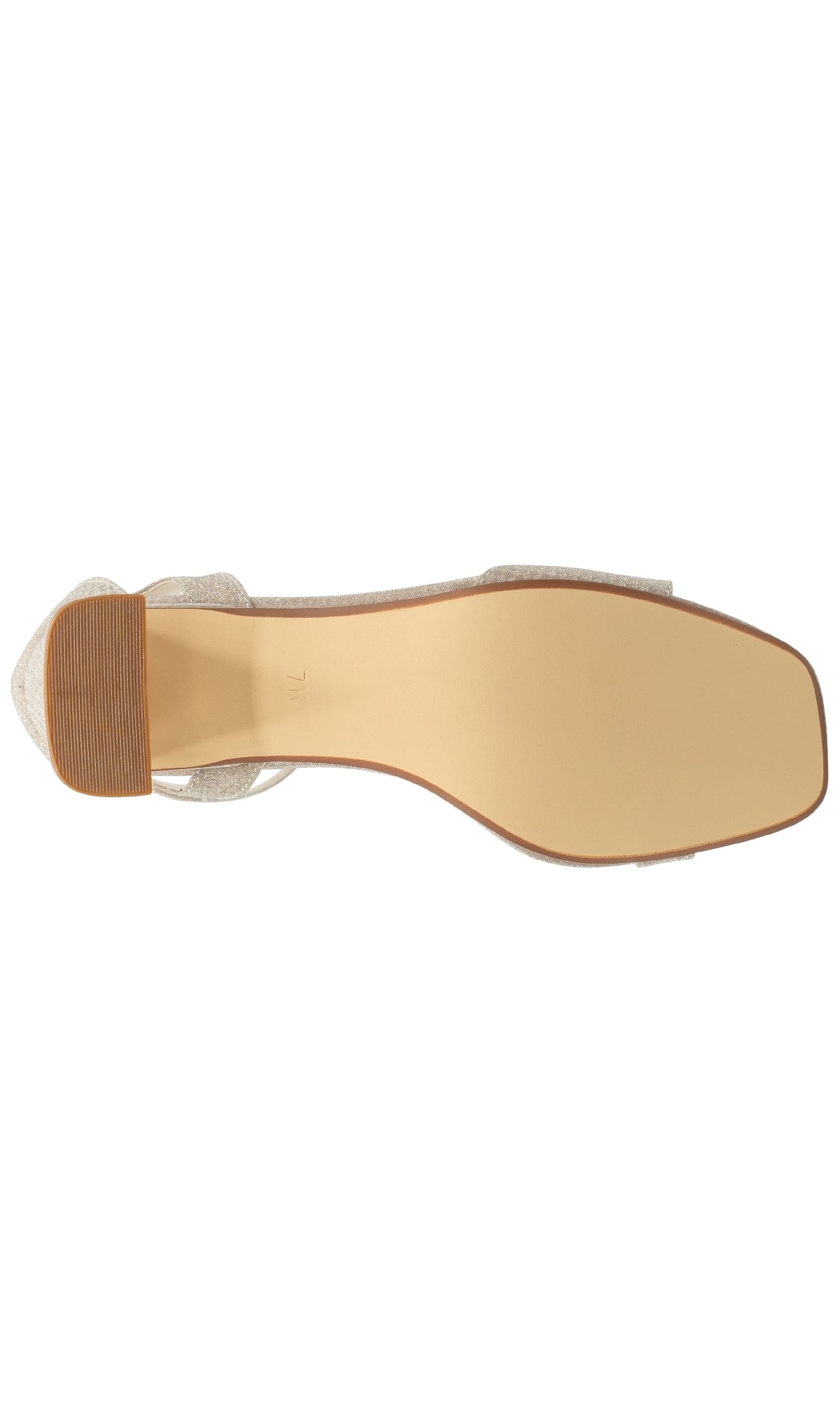 Top view of the Lilibet Champagne Prom Shoes: Touch Ups 4670, featuring a square toe, low block heel, and light beige outsole—ideal for anyone seeking stylish champagne glitter prom shoes with a comfortable low heel.